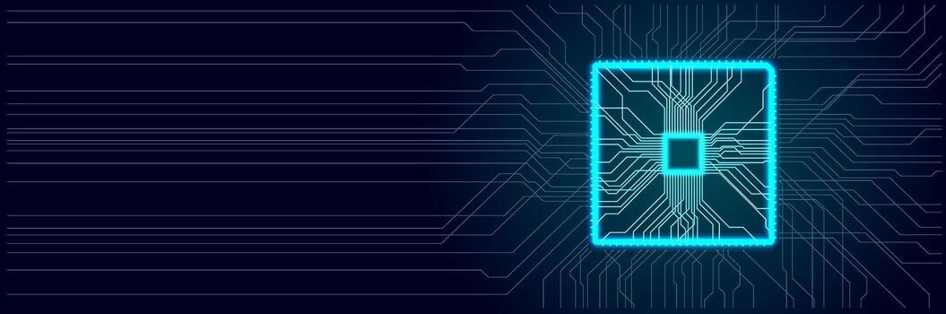 digital circuito tablero diseño presentando un central Procesando unidad en brillante azul en contra un oscuro antecedentes con intrincado líneas vector