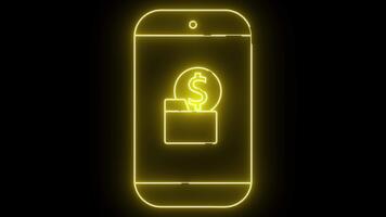 lysande gul översikt av en smartphone visning en mynt och mapp ikon på en svart bakgrund video
