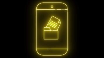 Yellow outline of phone displaying file folder with documents on a black backdrop video
