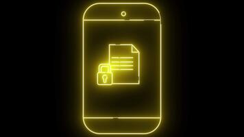 Yellow neon outlines a smartphone displaying a document icon with a padlock in front video