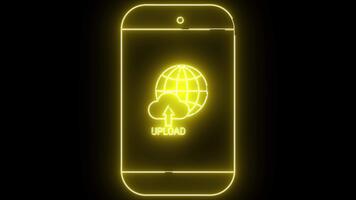 en gul neon linje konst bild skildrar en telefon med ett ladda upp ikon av en klot moln och pil på en svart bakgrund video