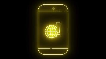 Glowing yellow neon style outline of a smartphone displaying a globe and exclamation point on a black background video