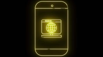 lysande neonyellow översikt smartphone visning en dator skärm med en klot ikon video