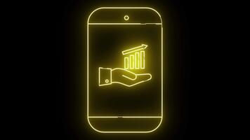 Luminous yellow line art of a mobile phone displaying a hand presenting a bar graph with an upward arrow video
