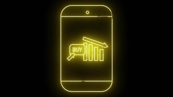 giallo neon schema di un' smartphone mostrando un' in calo grafico e un' acquistare pulsante video