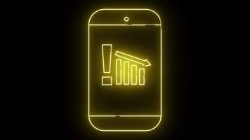 geel neonstijl schets van een smartphone weergeven een vallend diagram met een uitroep icoon video