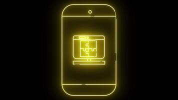 en neon gul översikt av en smartphone visning en dator skärm med en pussel video