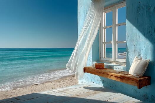 Serene Beachfront View with Open Window and Calm Turquoise Ocean for Relaxation and Tranquility photo