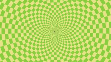 4K footage circular tunnel rectangular chess yellow green rotating, checker board 3d animation, optical illusion loop footage abstract background video
