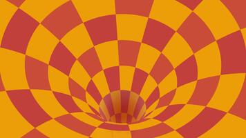 4K footage circular tunnel rectangular chess yellow red pulse, checker board 3d animation, optical illusion loop footage abstract background video