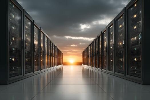 Data Center Corridor at Sunset Technology Infrastructure and Security Concept for Networking Solutions photo