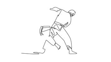 Self drawing animation single line draw two men are locked in close-quarters grapple with one executing hip-and-leg throw setup. Technique and strength of Judo. Continuous line. Full length animated video