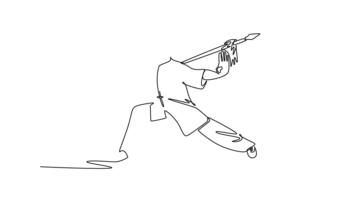 själv teckning animering av enda linje dra man wushu idrottare redo i en djup rosett hållning, innehav spjut i framåt- sticka vakt. kraft, balans, disciplinerad form. kontinuerlig linje. full längd animerad video