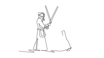 Self drawing animation of single line draw two men Kendo athletes in full bogu armor are engaged in tense sword clash. Dynamic combat and martial arts discipline. Continuous line. Full length animated video