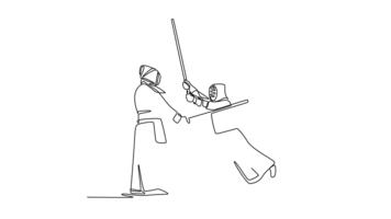 Self drawing animation of single line draw two men Kendo athletes in full bogu armor are engaged in fierce sword clash. Dynamic combat and martial art discipline. Continuous line. Full length animated video