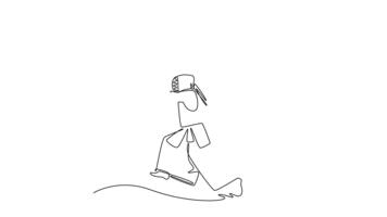 animerad själv teckning kontinuerlig linje dra man kendo idrottare i full bogu rustning löpning och framställning kraftfull över huvudet strejk med bambu svärd. dynamisk verkan sporter. full längd ett linje animering video