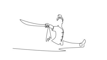 själv teckning animering enda linje dra kvinna wushu idrottare utför full dela medan svängande tvilling svärd. komplex flexibilitet, balans, och disciplin form. kontinuerlig linje. full längd animerad video