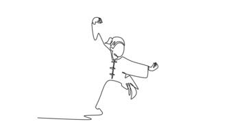 animato se stesso disegno di continuo linea disegnare donna wushu atleta in bilico nel basso, in profondità accucciarsi con braccio sollevato nel difensiva guardia. potenza, equilibrio, e disciplinato modulo. pieno lunghezza singolo linea animazione video