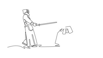Animated self drawing of continuous line draw two men Kendo in full bogu armor are engaged in tense sword defense and attack. Dynamic sparring of martial arts. Full length one line animation video
