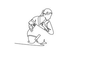 själv teckning animering av enda linje dra två kvinnor är låst i kämpar kamp på jord med ett applicering kontrollera, stift håll använder sig av henne ben. styrka utgör. kontinuerlig linje. full längd animerad video