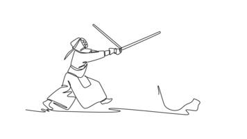 Animated self drawing of continuous line draw two men Kendo athletes in full bogu armor are engaged in a fierce sword clash. Dynamic combat and martial arts discipline. Full length one line animation video