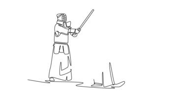 själv teckning animering av enda linje dra två män kendo idrottare i full bogu rustning är engagerad i spänd svärd försvar och ge sig på. dynamisk sparring, disciplin. kontinuerlig linje. full längd animerad video