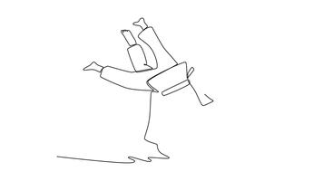 animerad själv teckning av kontinuerlig linje dra två män är utför dynamisk höft kasta, med ett figur omvänd i i luften under avrättning av judo eller krigisk konst. full längd enda linje animering video