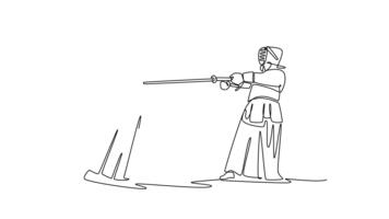 Self drawing animation of single line draw two men Kendo athletes in full bogu armor are engaged in tense sword defense and attack. Dynamic sparring martial arts. Continuous line. Full length animated video