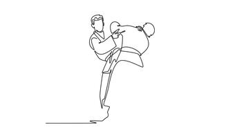 Animated self drawing of continuous line draw two men are locked in close-quarters grapple with one executing hip throw setup. Dynamic technique and strength of Judo. Full length single line animation video
