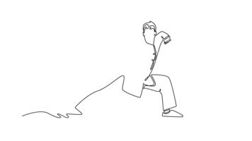 animerad själv teckning av kontinuerlig linje dra man wushu idrottare redo i dynamisk, djup rosett hållning med knöt nävar, illustrerar kraft, fokus och disciplin form. full längd enda linje animering video