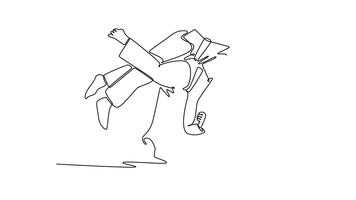 animerad själv teckning av kontinuerlig linje dra två ung män är utför dynamisk kasta med ett exekvera en höft och axel Metod. kraft, balans, vätska rörelse. full längd ett linje animering video