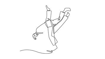 själv teckning animering av enda linje dra två män är utför dynamisk kasta, med ett figur omvänd i i luften avrättning av judo eller krigisk konst Metod. kontinuerlig linje. full längd animerad video