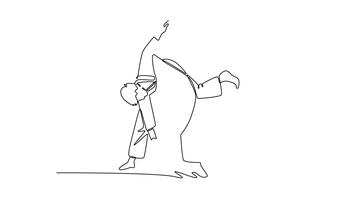 animerad själv teckning av kontinuerlig linje dra två män är utför offra kasta i judo, med ett figur obalanserande Övrig. vätska rörelse och kraftfull Metod. full längd enda linje animering video