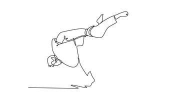 Animated self drawing of continuous line draw two active men are performing dynamic hip throw or reaping technique, with one figure lifting the other off the ground. Full length single line animation video