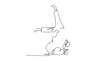 Animated self drawing of continuous line draw two men performing dynamic throw, with one figure inverted in mid-air during execution of Judo or martial arts technique. Full length one line animation video