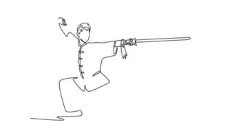 animerad själv teckning av kontinuerlig linje dra attraktiv man wushu idrottare redo i djup rosett hållning, innehav svärd utökad fram. kraft, fokus, och disciplinerad form. full längd ett linje animering video