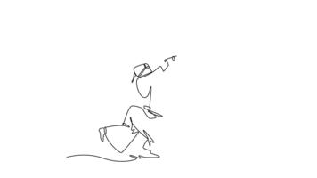 animerad själv teckning av kontinuerlig linje dra man kendo idrottare i full bogu rustning löpning och hoppa framåt- med bambu svärd hölls hög. dynamisk handling, disciplin. full längd ett linje animering video