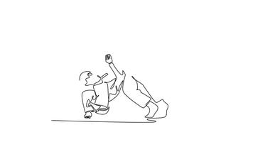 animerad själv teckning av kontinuerlig linje dra två aktiva män är utför dynamisk kasta med ett exekvera en höft och axel Metod. kraft, balans, vätska rörelse. full längd ett linje animering video