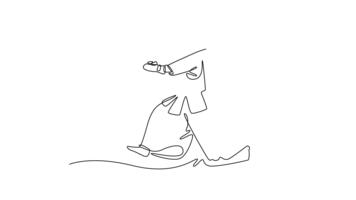 animerad själv teckning av kontinuerlig linje dra man kendo idrottare i full bogu rustning löpning och framställning horisontell strejk med bambu svärd. dynamisk verkan av sporter. full längd ett linje animering video