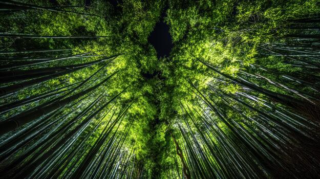 Bamboo forest canopy heightens tranquility in nature photo