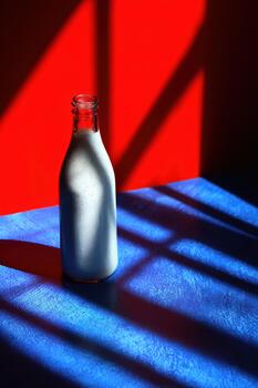 Colorful shadows create art with a bottle of milk photo