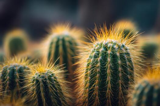 Cacti cluster in a desert landscape during golden hour photo