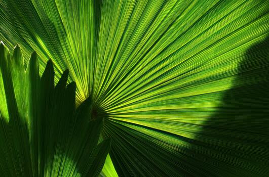 Sunlight illuminating green palm leaves in detailed view photo