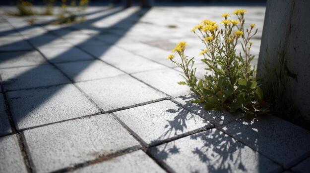 Flowers grow through pavement cracks in urban setting photo