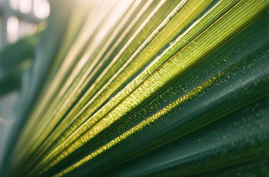 Sunlight filtering through green palm leaves in nature photo