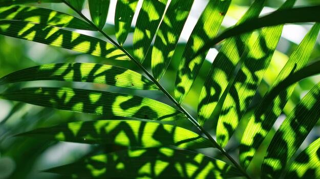 Vivid green palm leaves casting intricate shadows photo