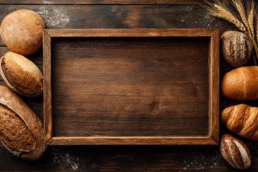 Rustic display of bread on wooden table with wheat photo
