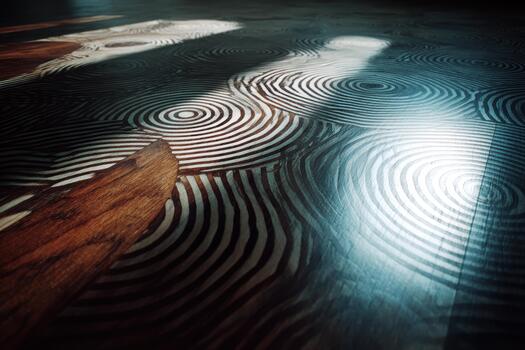 Swirling patterns on polished wood floor in soft light photo
