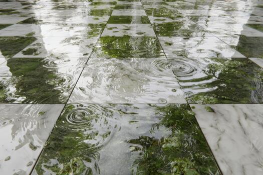 Rain creates ripples on a checkered stone floor photo