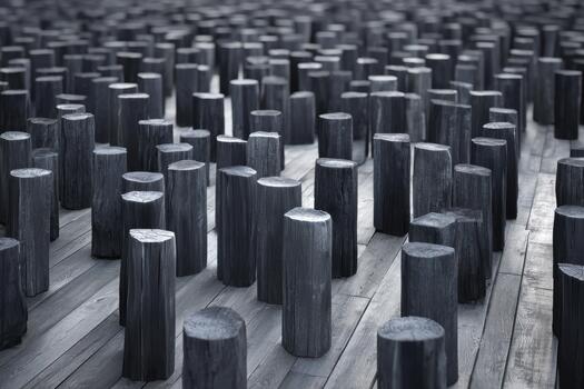 Wooden pillars create a striking pattern on the ground photo